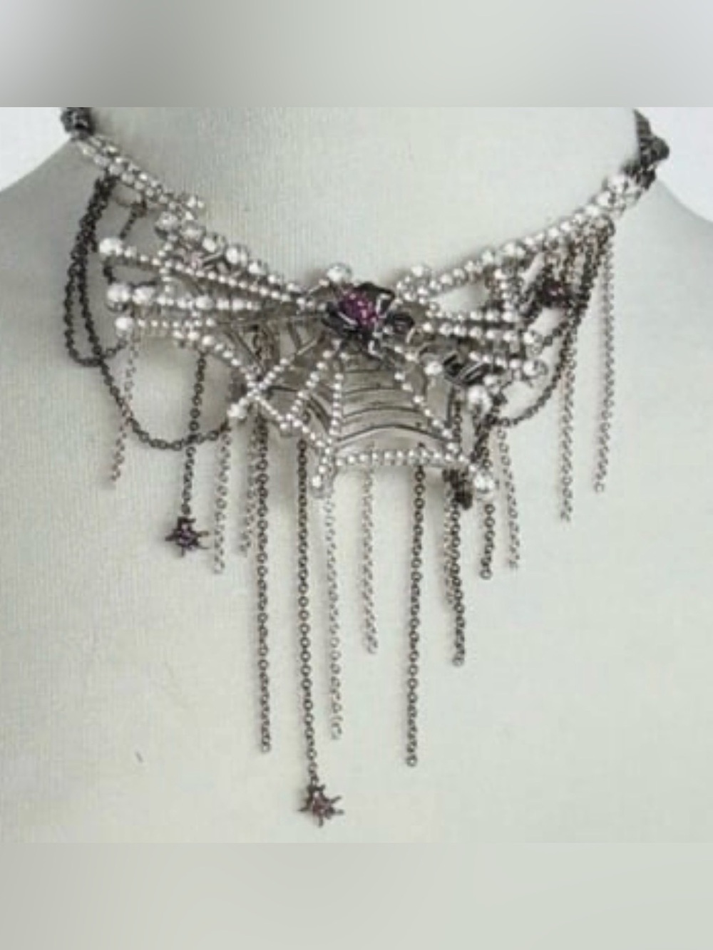 BETSEY JOHNSON Halloween Crystal-Studded Web with Dangling Spiders Necklace NWT